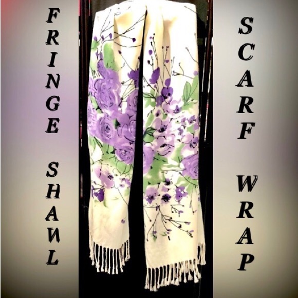 SHAWL/SCARF white with floral design extra long and fringed size 27 x 69 NWOT - Picture 4 of 13